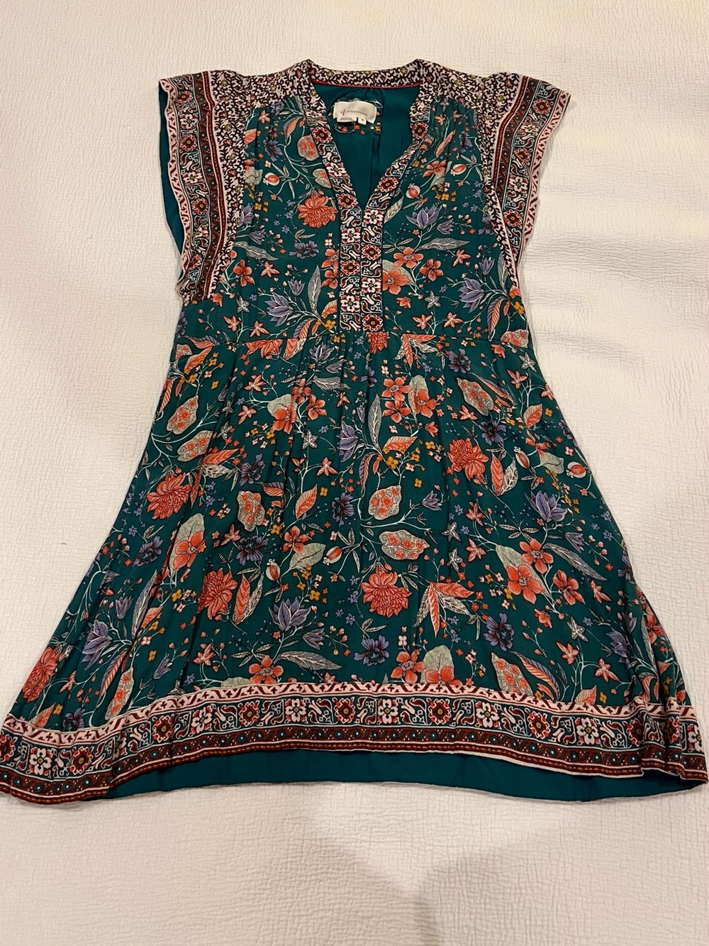 Anthropologie Teal Floral-Trim Blouse Sleeveless Women's Dress size XS - Picture 2 of 10